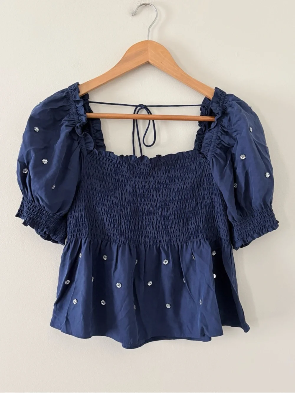 Hill House Home Jewel Jammy Top Navy Blue Smocked Peplum‎ Puff Sleeve Size M